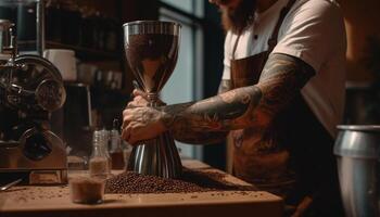 de Barista, ett entreprenör, självsäkert förbereder kaffe genererad förbi ai foto