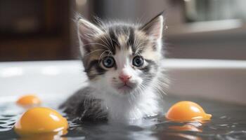 nyfiken kattunge stirrar på färsk måltid skål genererad förbi ai foto