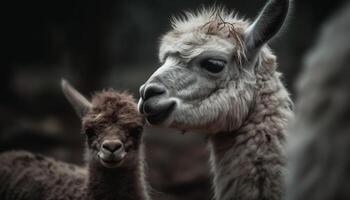 fluffig alpacka betning i äng, ser söt genererad förbi ai foto