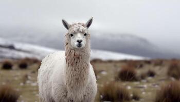 söt alpacka betning på snöig berg äng genererad förbi ai foto