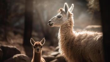 fluffig alpacka betar i lantlig äng, söt genererad förbi ai foto