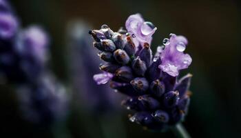 selektivt fokuserade lila blomma, dagg droppar glittra genererad förbi ai foto