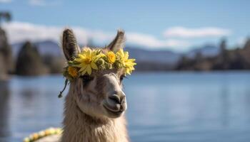 leende alpacka åtnjuter sommar äng semester roligt genererad förbi ai foto