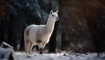 söt alpacka står i snöig berg äng genererad förbi ai foto