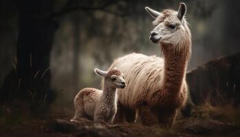 fluffig alpacka betning i grön äng genererad förbi ai foto