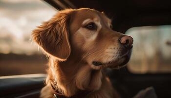 gyllene retriever valp Sammanträde i bil, lojala vän genererad förbi ai foto