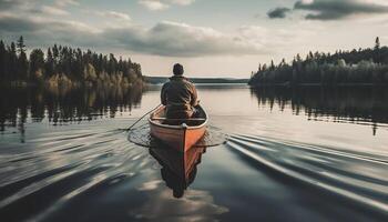 lugn scen av män paddla kanot på reflexion genererad förbi ai foto