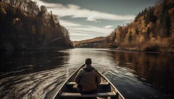 män och kvinnor paddla kanot i lugn skog vattnen genererad förbi ai foto