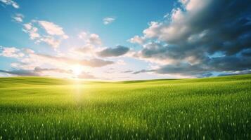 landa scape bild av omfattande gräsmatta och blå himmel, vit moln och de Sol på de horisont. generativ ai foto