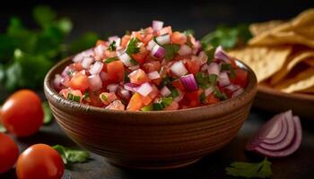 färsk vegetabiliska sallad med guacamole och Koriander dopp genererad förbi ai foto