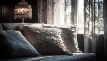modern lyx sovrum med mysigt strö och elegant dekor genererad förbi ai foto