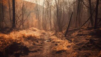 lugn scen av höst skog i dimma genererad förbi ai foto