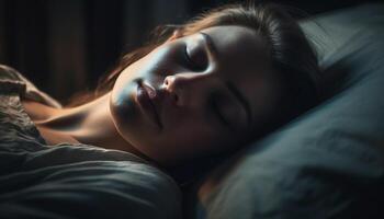 ett skön kvinna sovande lugnt i säng genererad förbi ai foto