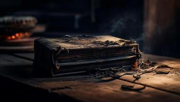 gammal läder bunden bok brinnande i läskigt bibliotek genererad förbi ai foto