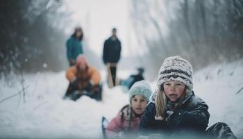 leende familj åtnjuter vinter- semester i bergen genererad förbi ai foto