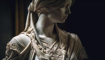 kristen skulptur skildrar kvinna skönhet i svart bakgrund genererad förbi ai foto