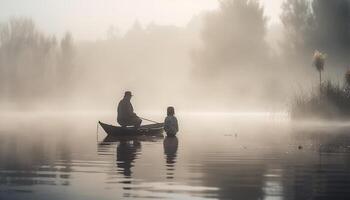 en familj obligationer rodd ut, fiske stång redo genererad förbi ai foto