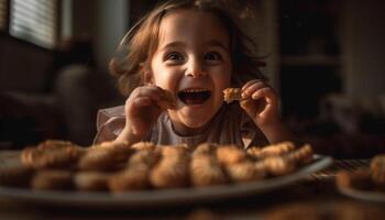 ett söt flicka leende medan äter kaka genererad förbi ai foto