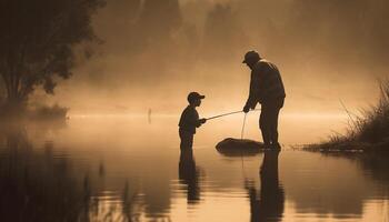 fiske far och son obligation på skymning genererad förbi ai foto