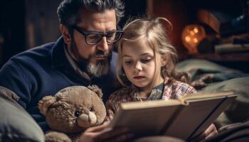 far och dotter läsning tillsammans i säng genererad förbi ai foto