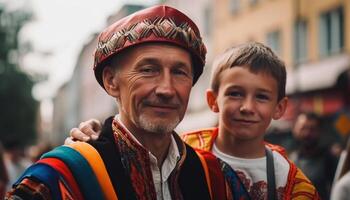 familj obligation stark på traditionell festival parad genererad förbi ai foto