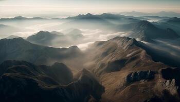 majestätisk berg räckvidd höljd i morgon- dimma genererad förbi ai foto