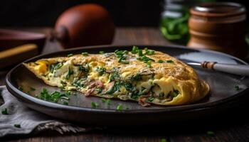 rustik omelett på trä- tallrik med persilja genererad förbi ai foto