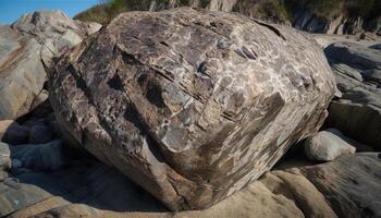 granit flyttblock stackar på eroderade klippig kustlinje genererad förbi ai foto