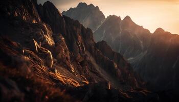 majestätisk berg topp bakgrundsbelyst förbi soluppgång skönhet genererad förbi ai foto