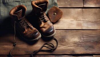 rustik läder stövlar på bärs trä golv genererad förbi ai foto