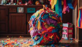 inomhus- fest dekor glad färger, konfetti, streamers genererad förbi ai foto