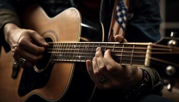 ung gitarrist spelar ett akustisk gitarr utomhus genererad förbi ai foto