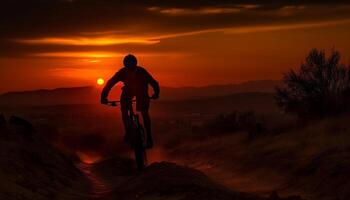 berg cyklist tävlings mot solnedgång, extrem kraft genererad förbi ai foto