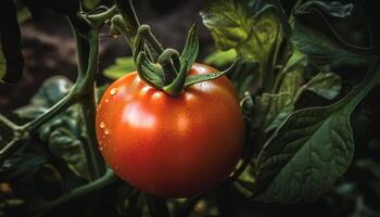 natur skörda mogen tomat släppa på blad genererad förbi ai foto