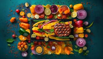 vegetarian lunch på trä- tallrik med mängd genererad förbi ai foto