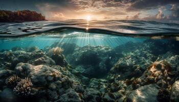färgrik fisk, korall och sköldpadda i under vattnet paradis genererad förbi ai foto