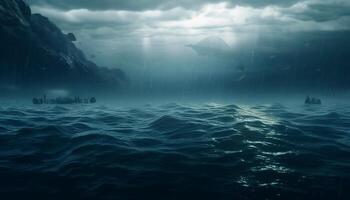 majestätisk klippa vävstolar över mystisk under vattnet värld genererad förbi ai foto