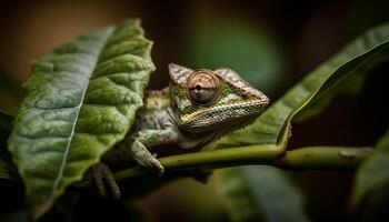 gecko utforskar tropisk skog, skalor glittra gul genererad förbi ai foto