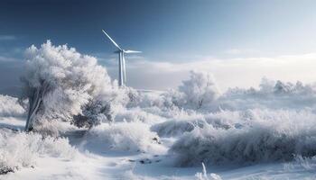 spinning propeller genererar blå elektricitet från vind kraft genererad förbi ai foto