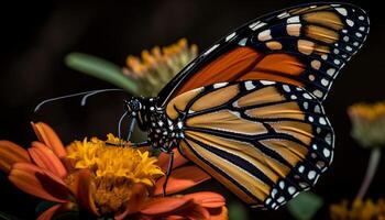 vibrerande färgad monark fjäril uppflugen på blomma genererad förbi ai foto