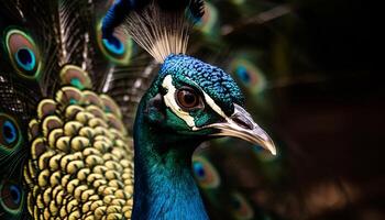 majestätisk påfågel prunkar vibrerande mång färgad fjäder mönster genererad förbi ai foto