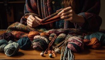 kreativ kvinna vävning vinter- mode med mång färgad tråd genererad förbi ai foto