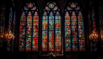 medeltida kapell färgade glas tänds vibrerande historia genererad förbi ai foto