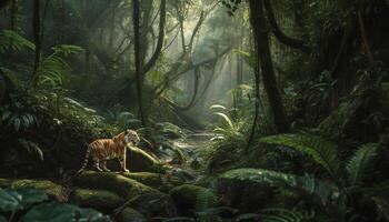 bengal tiger blandningar i, dold i mysterium genererad förbi ai foto