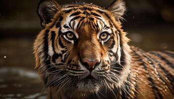 stänga upp av majestätisk bengal tiger randig päls genererad förbi ai foto