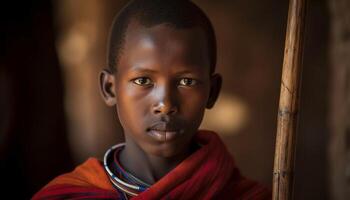 ung afrikansk pojke stående utomhus, leende glatt genererad förbi ai foto