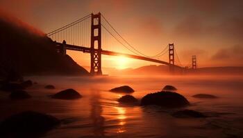 solnedgång på de känd man tillverkad orange bro genererad förbi ai foto
