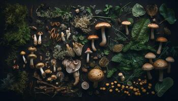 färsk organisk svampar samling på höst skog tabell genererad förbi ai foto