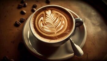 skummande cappuccino i kaffe kopp på tabell genererad förbi ai foto