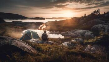 två äventyrare vandra fjäll, kasta tält på solnedgång genererad förbi ai foto